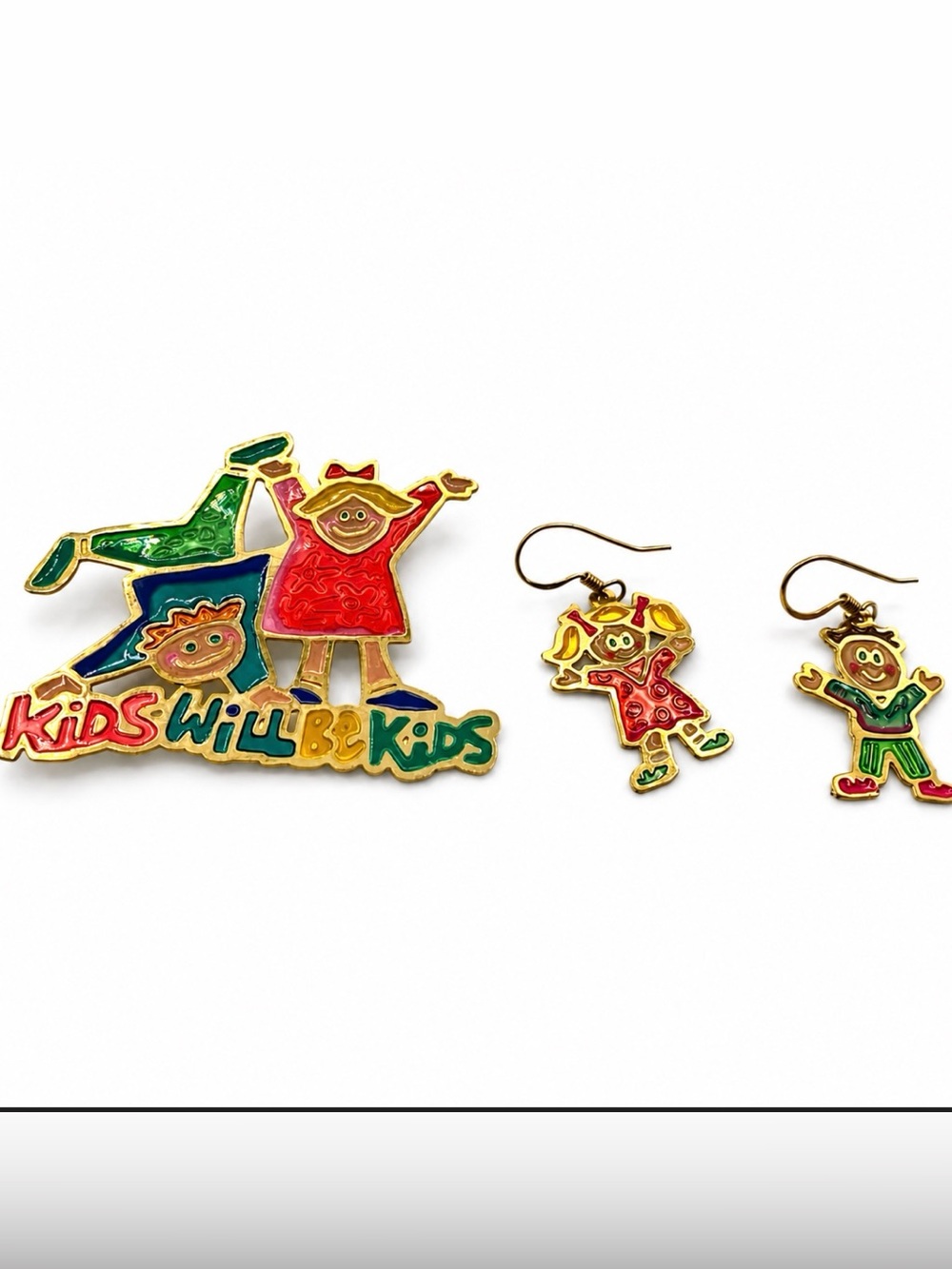 TWO HANDS Brand Festive Enamel Kids Brooch Pin and 1 Set of Earrings Lot of 2
